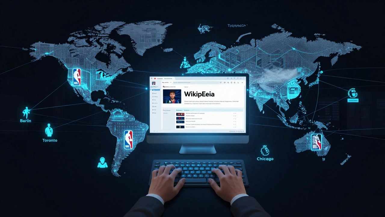 A global network of editors updating Wikipedia pages during a sports draft, connected by glowing data streams.