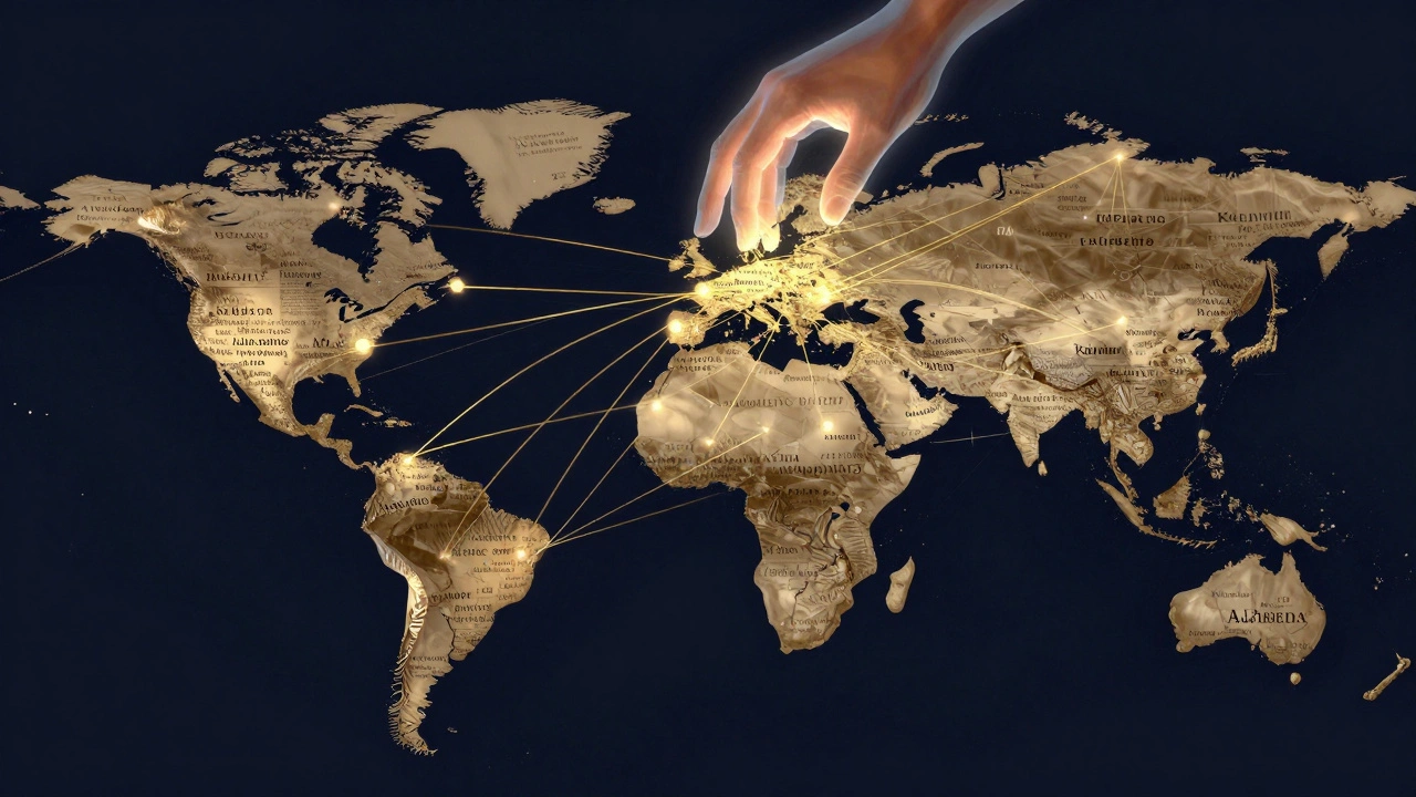 A global network of Wikipedia articles connected by automated edits, with a human hand guiding the process.