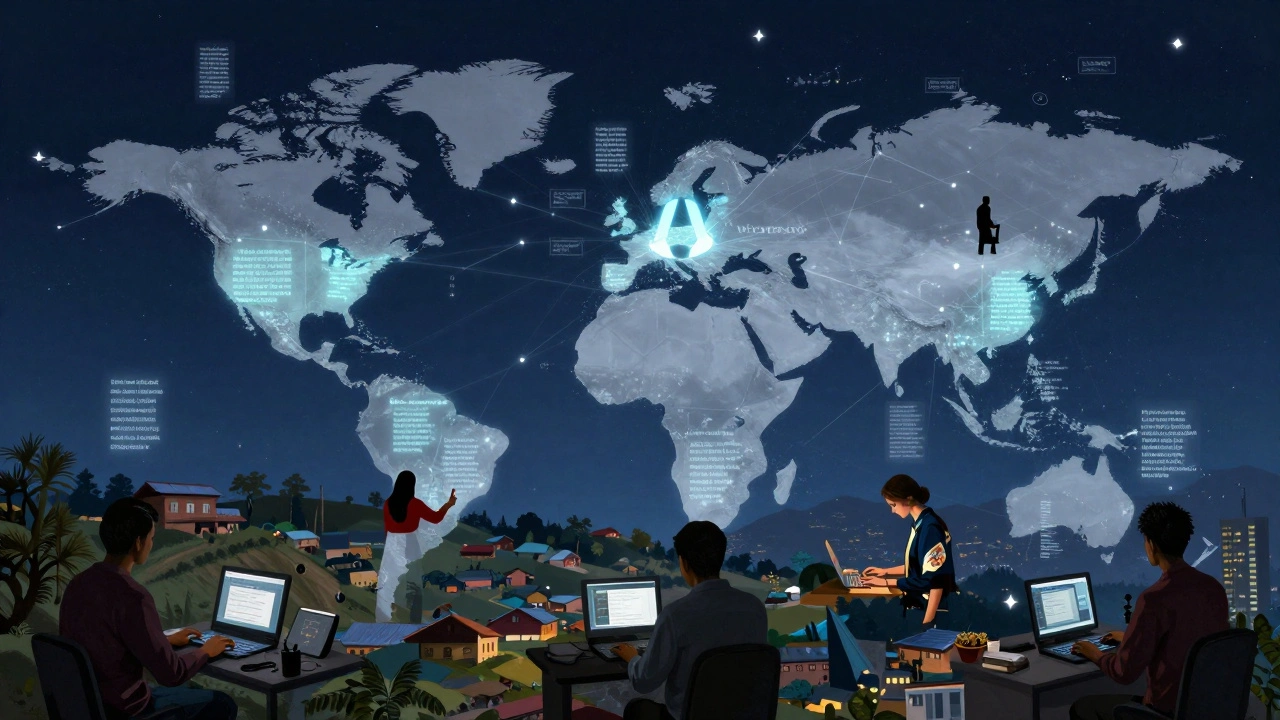 A global network of Wikipedia editors from 24 countries contributing simultaneously, connected by glowing digital threads.