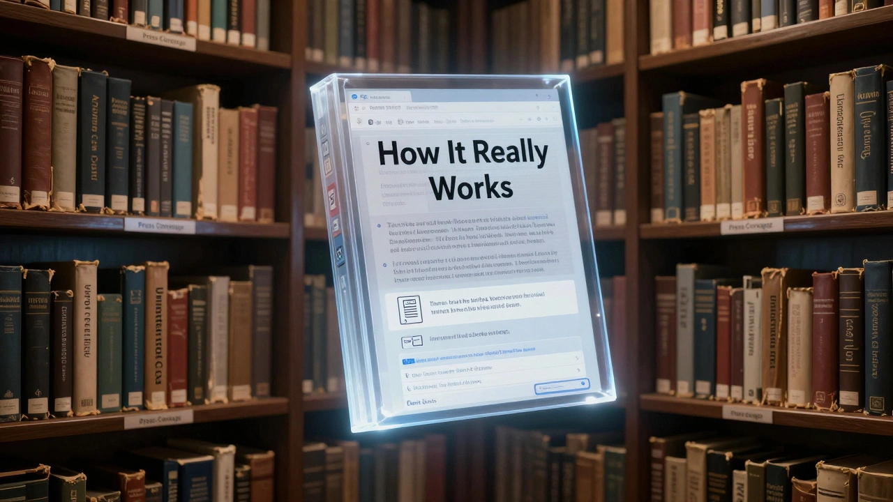 A glowing book labeled 'How It Really Works' floating among crumbling books labeled with Wikipedia myths, revealing layers of edit history and citation tools inside.