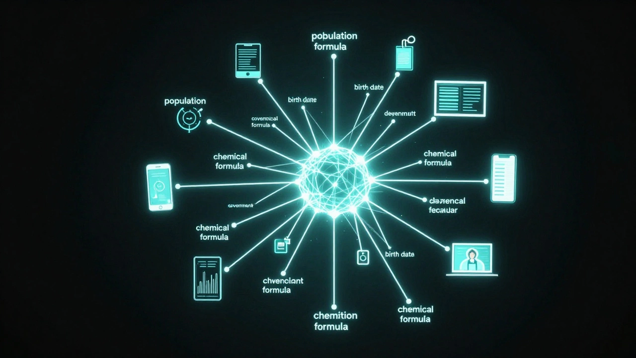 A glowing network of data nodes connecting to devices like phones and government systems.