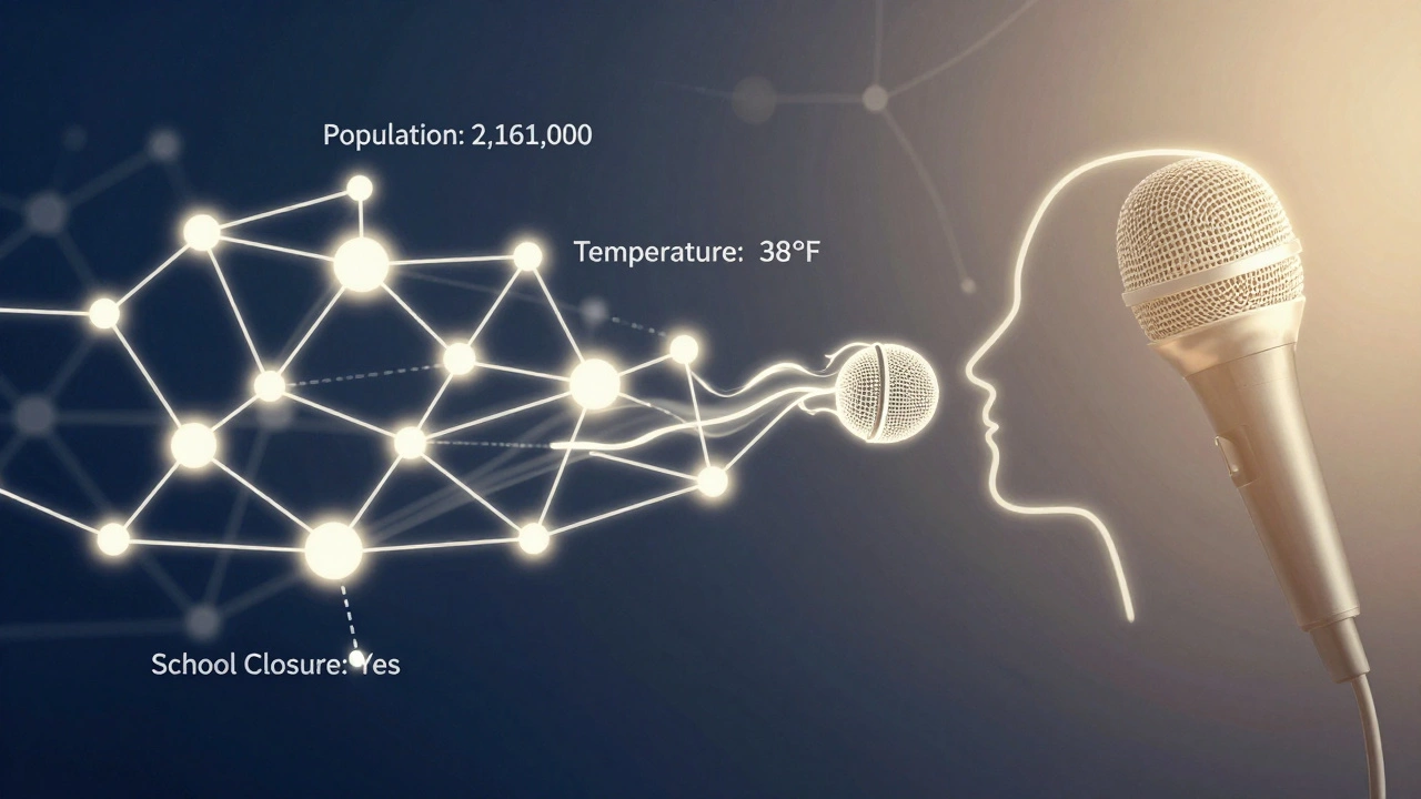 A glowing network of factual data flowing into a microphone, symbolizing structured data transforming into spoken news.