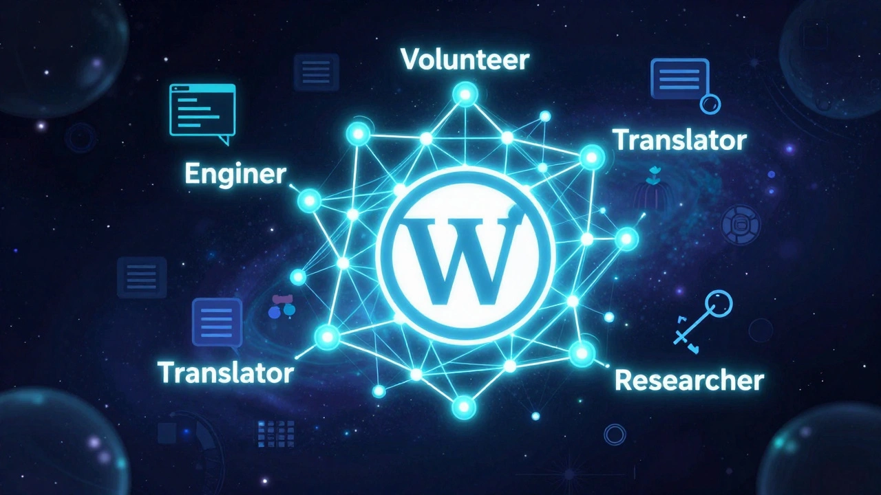 A glowing neural network of collaborators forming a Wikipedia logo, symbolizing Phabricator’s role in global open-source teamwork.