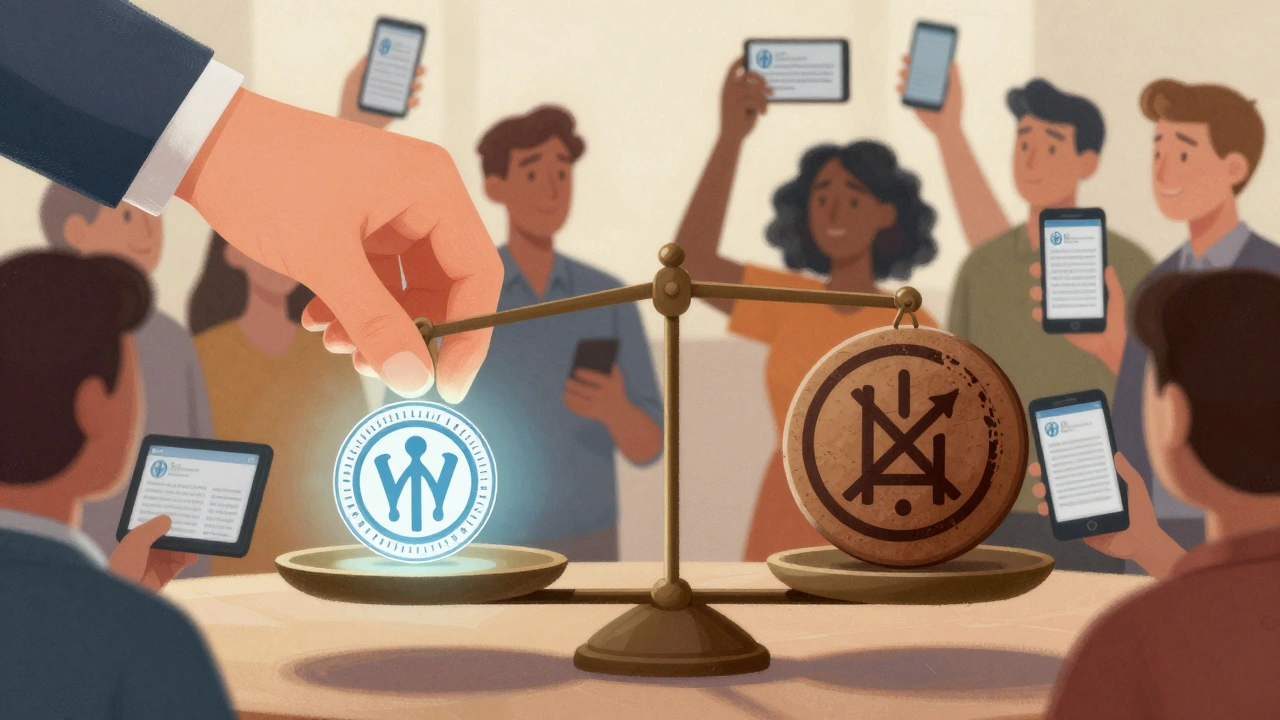 A glowing Wikipedia logo on a scale opposing a government seal, with people holding devices showing Wikipedia pages.