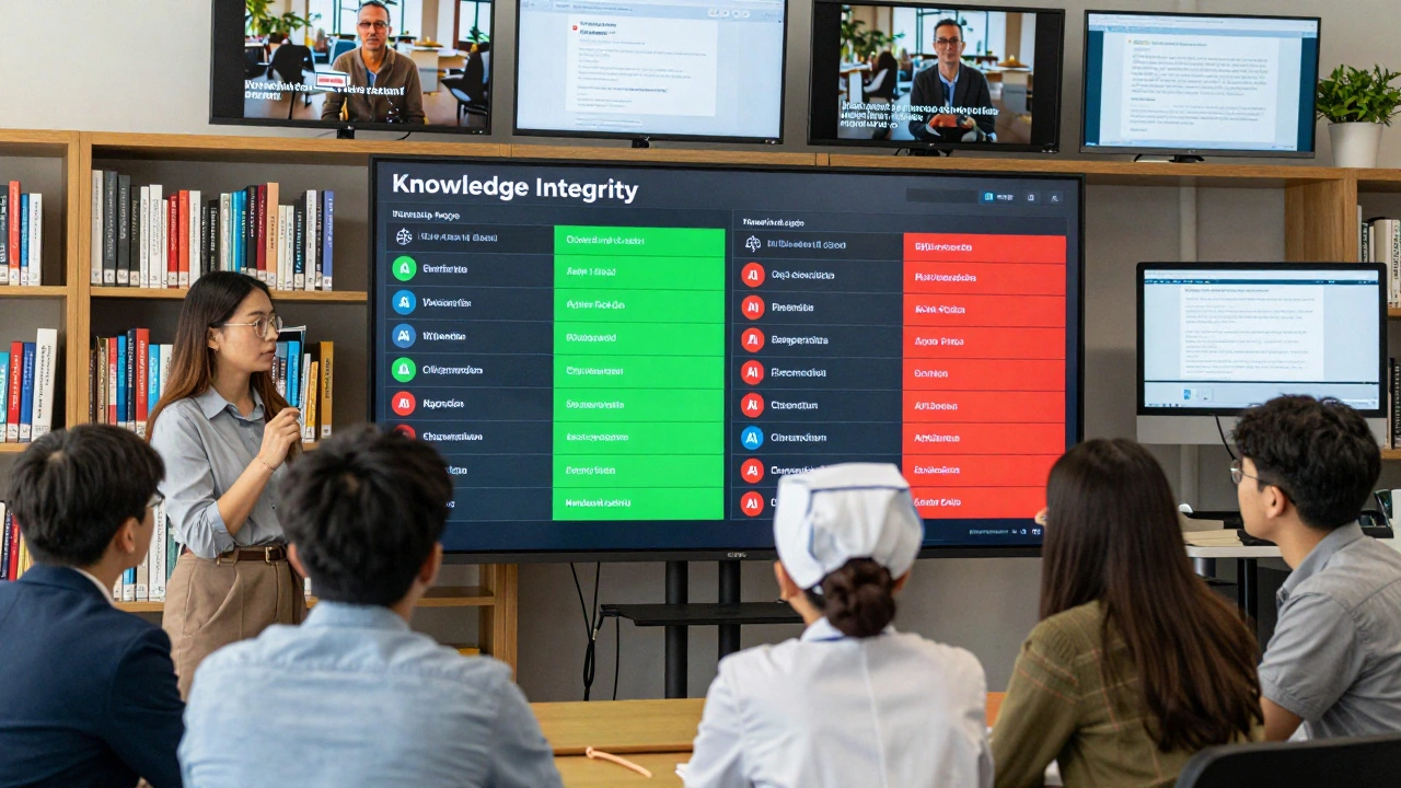 A group of people examining a live dashboard showing knowledge integrity scores for encyclopedias, with Wikipedia and Citizendium highlighted.