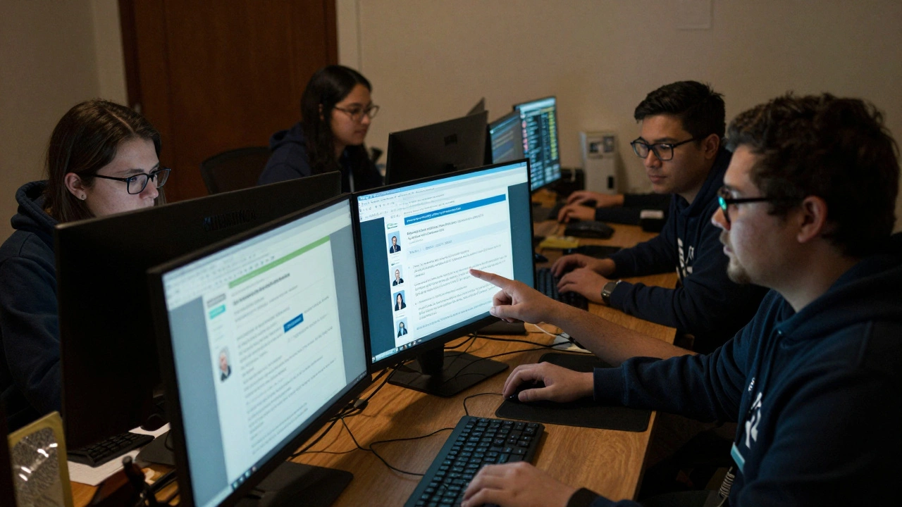 A group of volunteers updating Wikipedia election pages on multiple monitors in a dimly lit room.