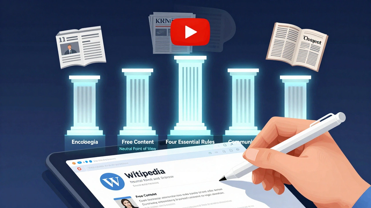 A hand editing Wikipedia with transparent overlays of the five core principles and source evaluation icons.