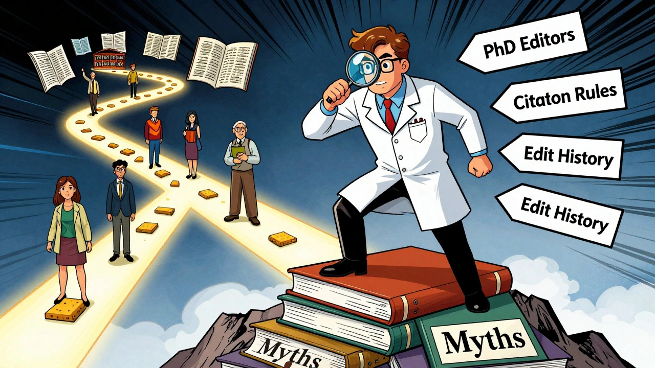 A heroic editor dismantling myths about Wikipedia using evidence, with scholars following citation trails to academic sources.