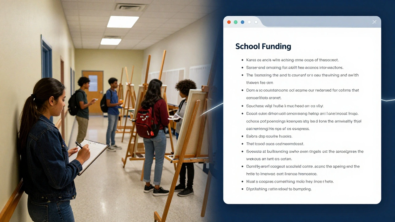 A journalist observes students in an empty art room while a Wikipedia edit window shows funding data.