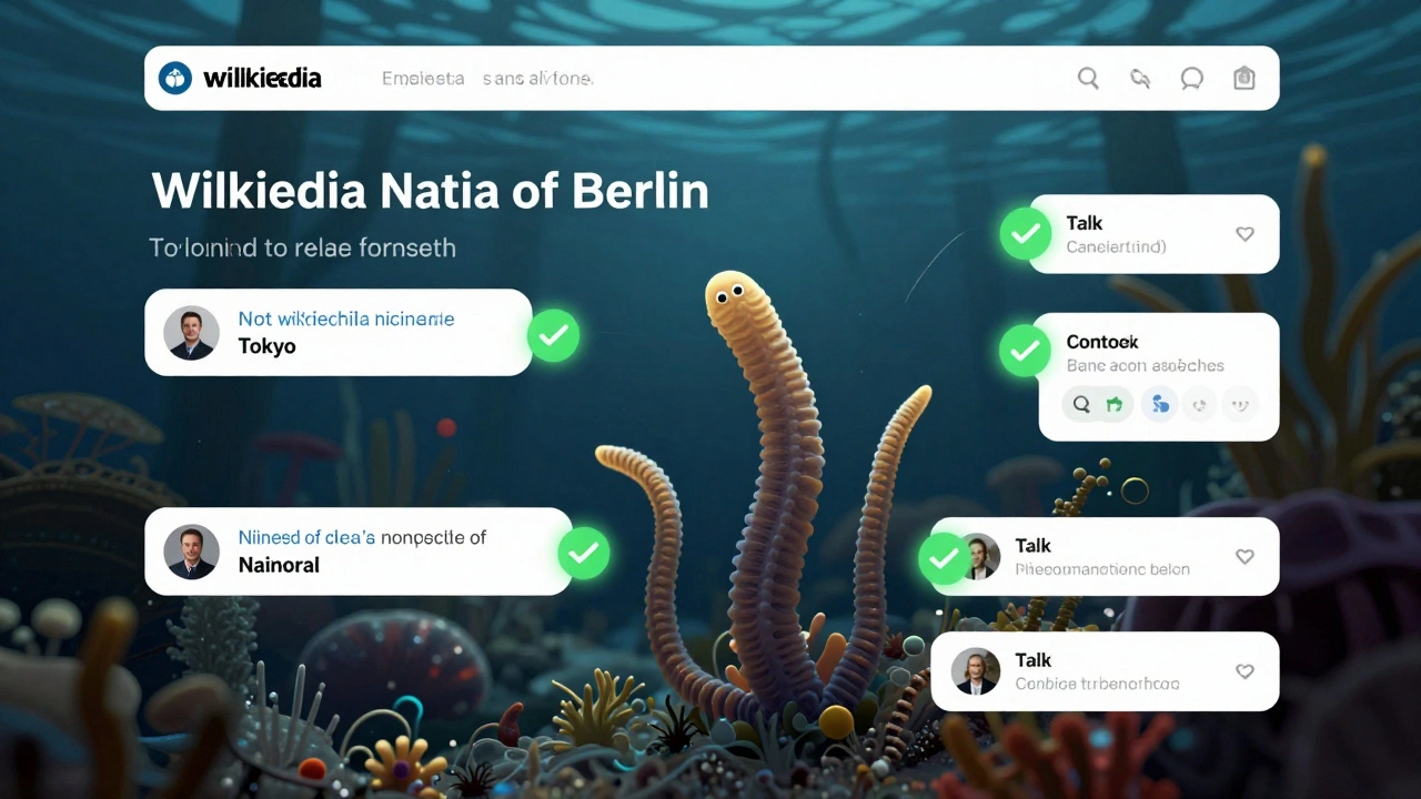 A live Wikipedia article being updated by editors from Tokyo, Berlin, and Nairobi with glowing notifications.