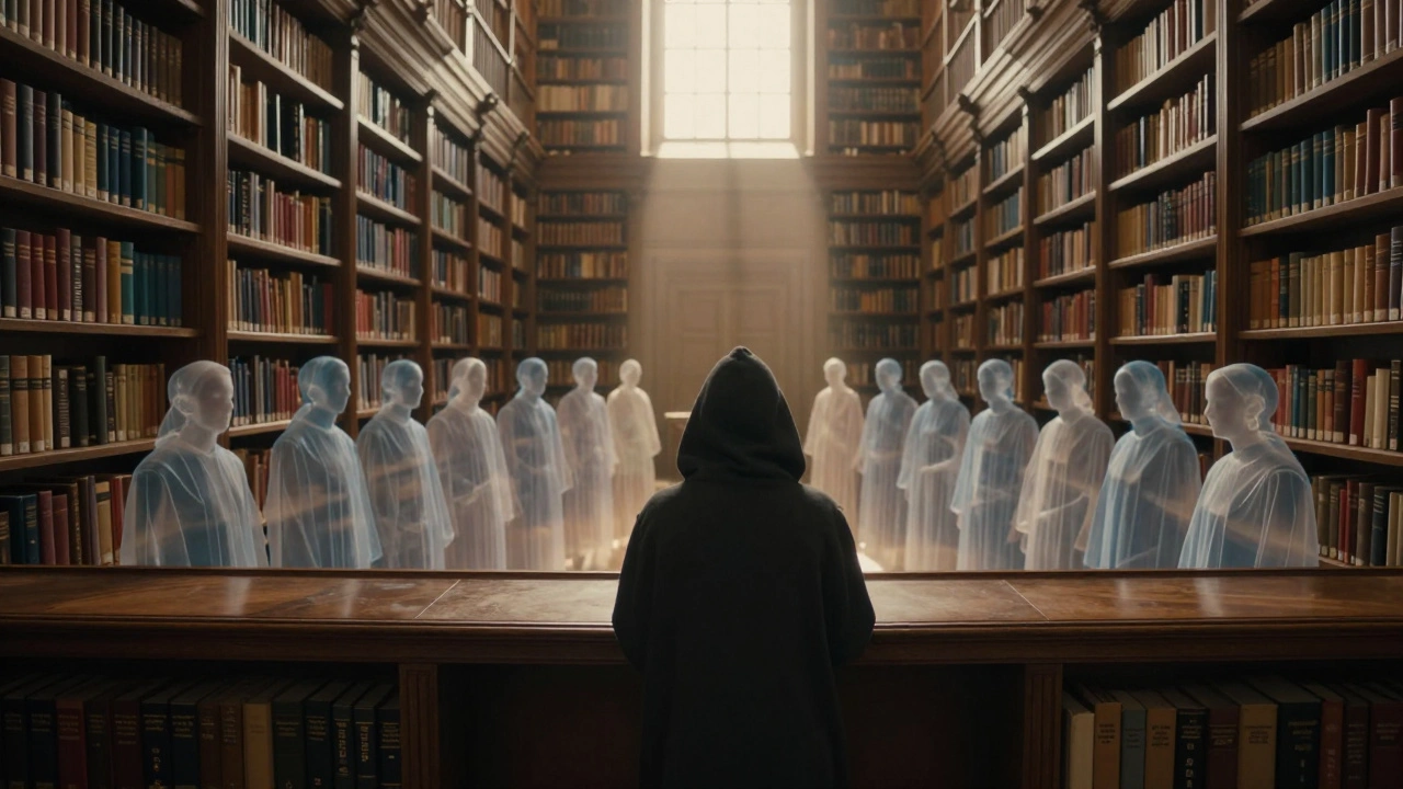A lone anonymous editor standing before an infinite library of Wikipedia articles, watched by 15 silent, translucent figures.