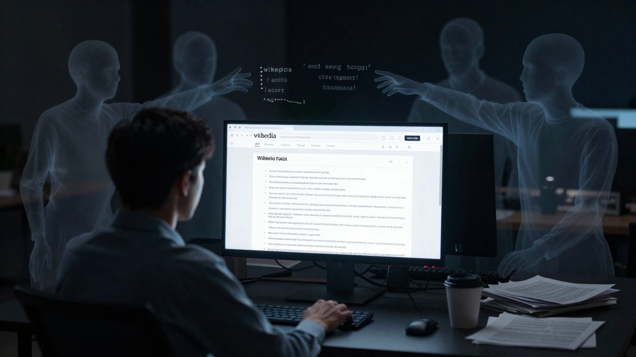 A lone editor at night surrounded by ghostly figures of past editors arguing over article content.