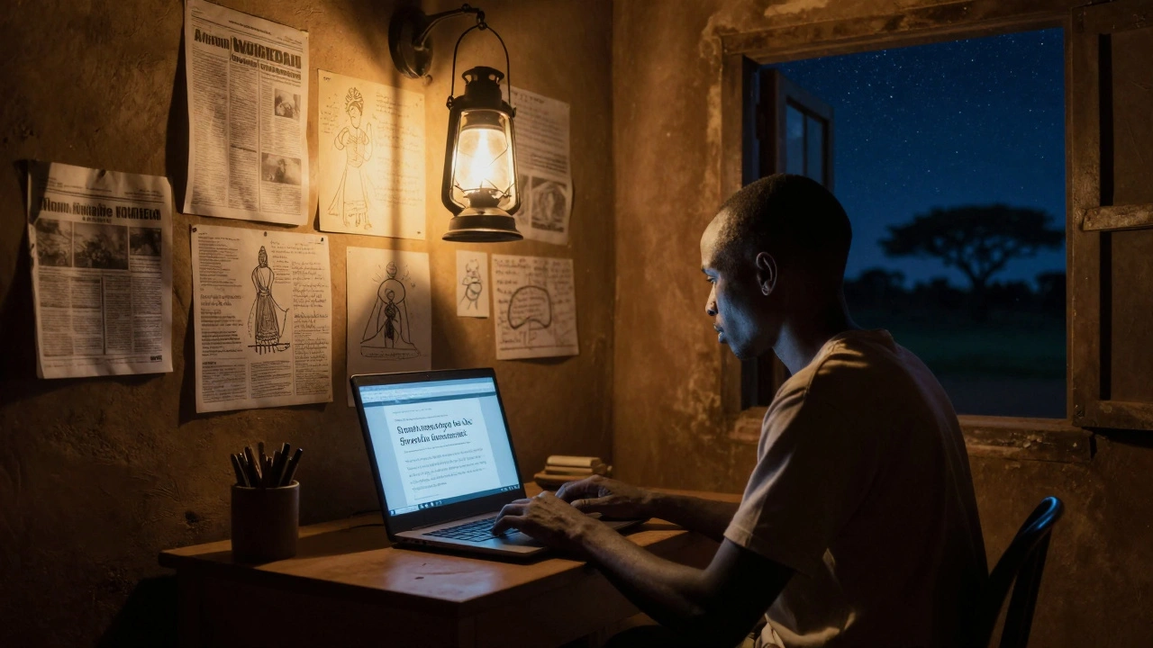 A lone editor in a rural village creating a Wikipedia article in Swahili, surrounded by local cultural notes.