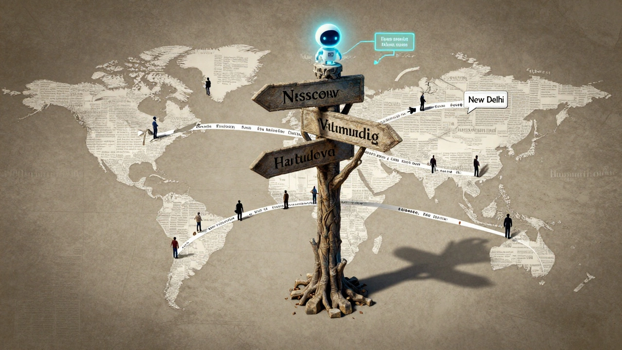 A massive stone signpost at the center of a world map made of edit histories, with volunteer editors along language pathways.