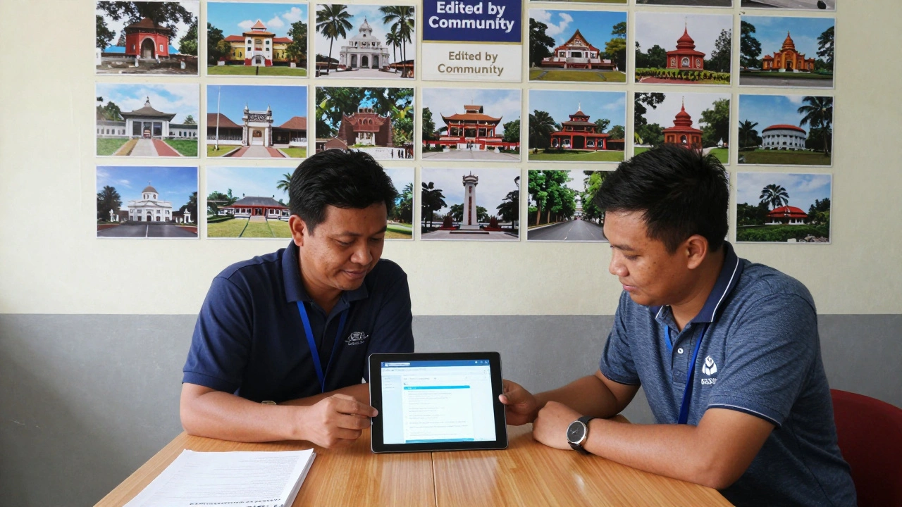 A mentor and new editor reviewing Wikipedia edits on a solar-powered tablet in a community center.