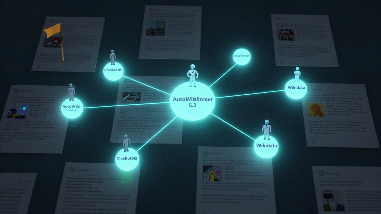 A network of interconnected bots and tools updating Wikipedia articles with automated, glowing indicators.