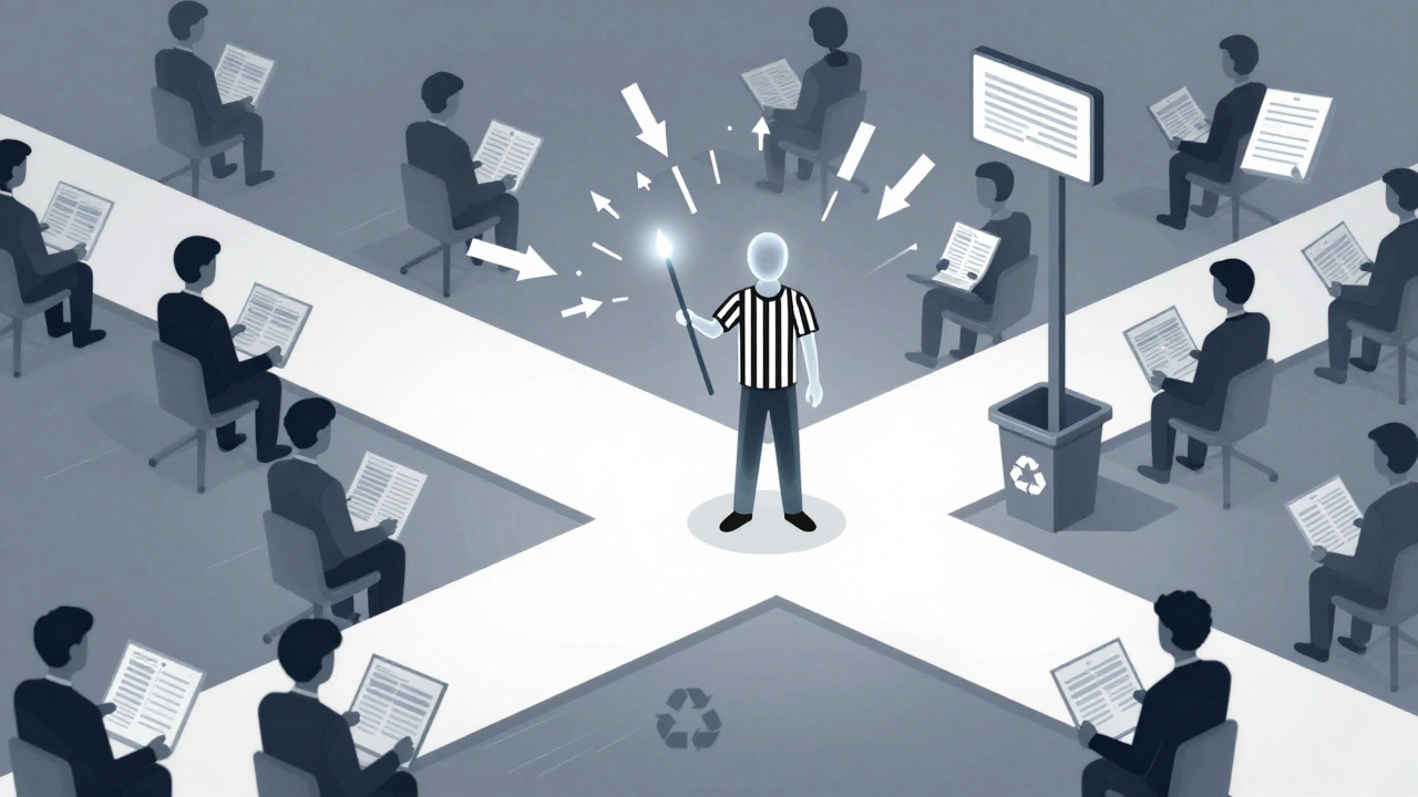 A neutral figure mediating chaotic edits on Wikipedia, enforcing rules like a traffic controller in a digital space.