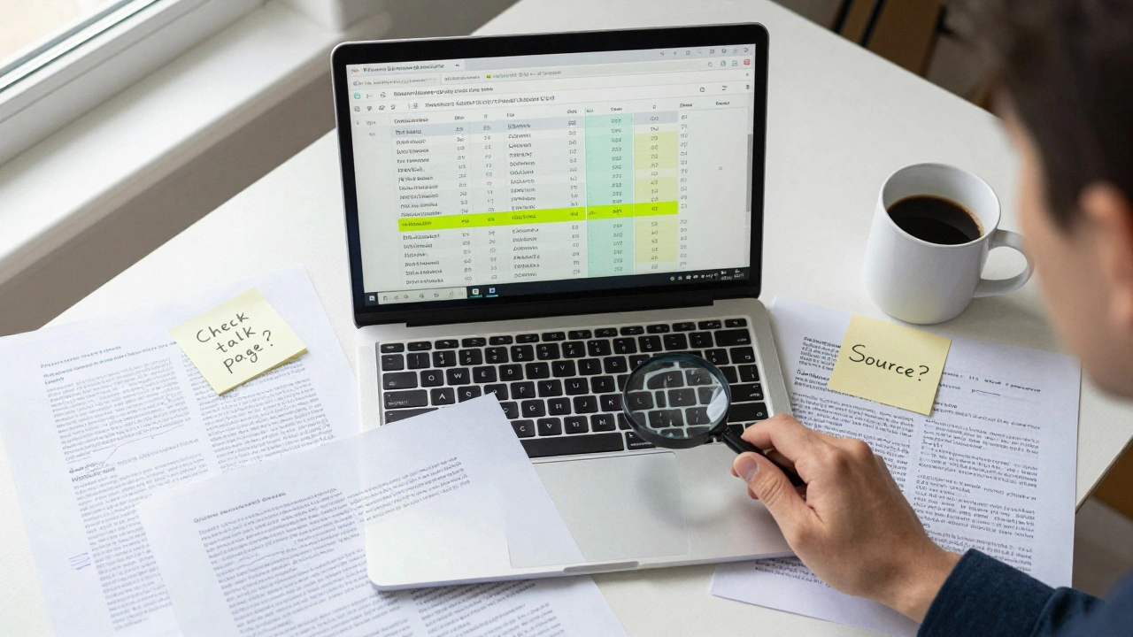 A person analyzing Wikipedia revision history on a laptop while reviewing printed source materials on a desk.