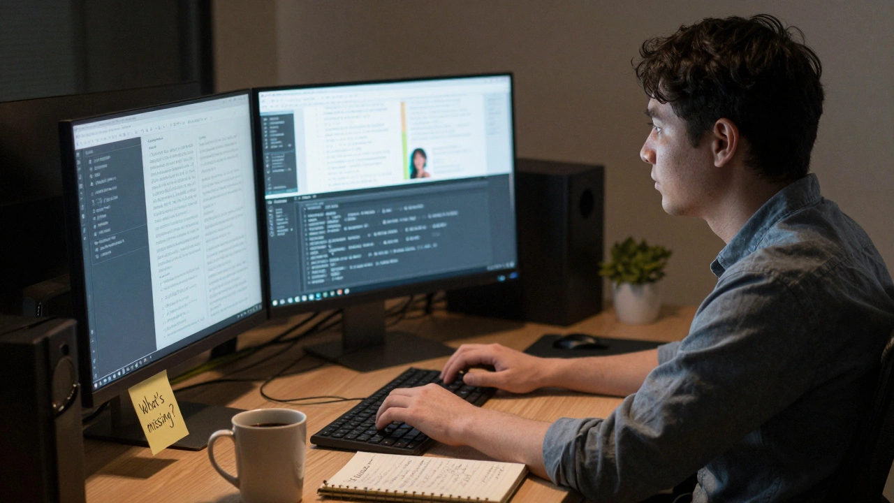 A person editing Wikipedia at night with translated articles open on screen, surrounded by notes and a coffee mug.
