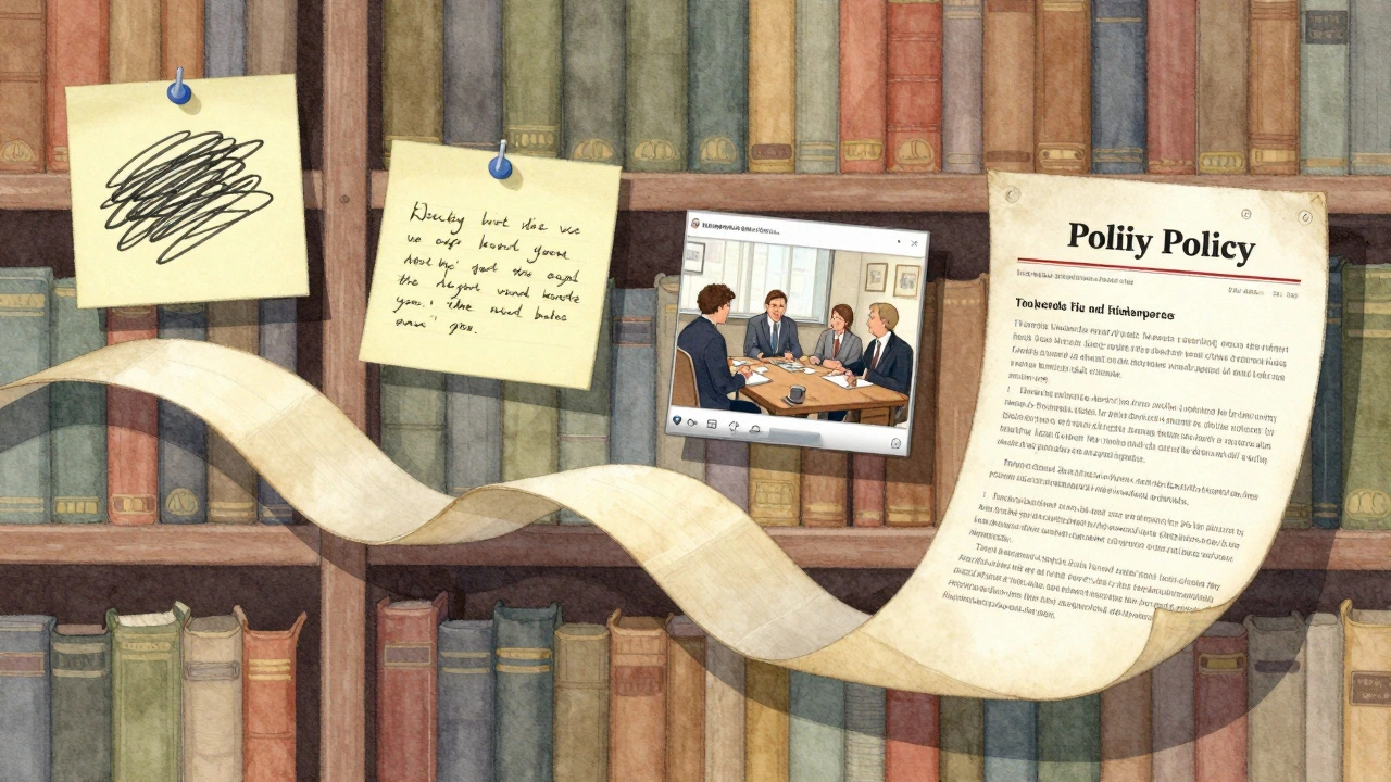 A policy evolving from a sticky note into a published guideline, shown as a flowing ribbon through a library.
