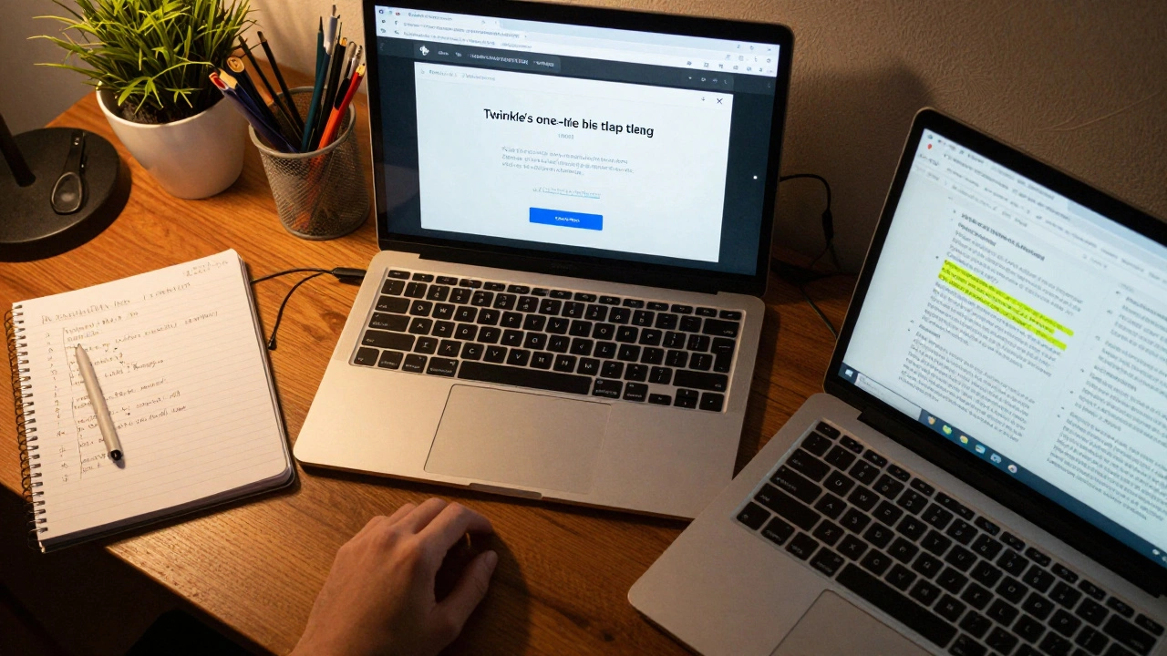 A productive Wikipedia editor's desk with tools like Twinkle, AutoWikiBrowser, and HotCat in use.