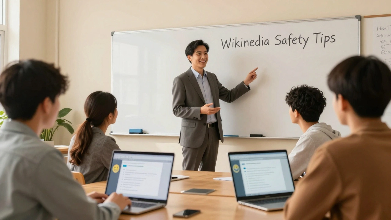 A professor teaches students about safe Wikipedia editing in a classroom with warm lighting.