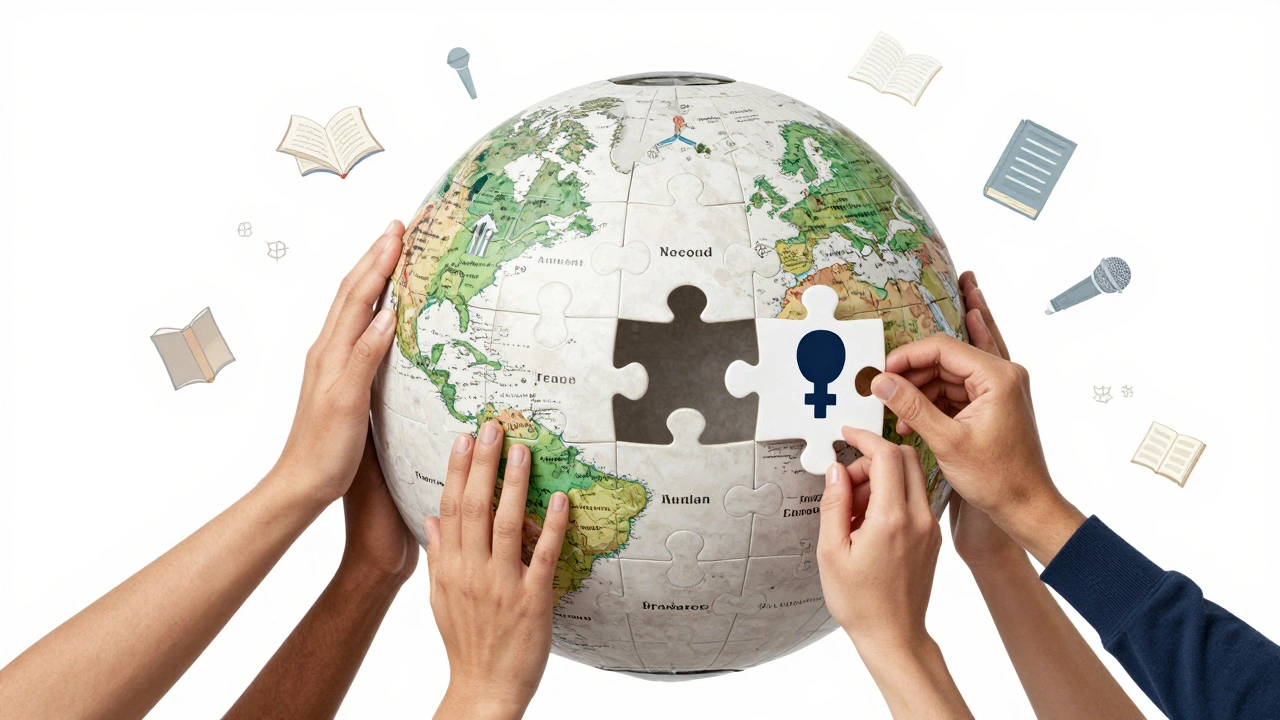 A puzzle globe with a missing piece being placed by diverse hands, symbolizing inclusive knowledge.