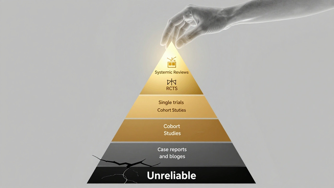 A pyramid showing four tiers of research quality, with the highest tier glowing gold as a hand adds a trusted source.