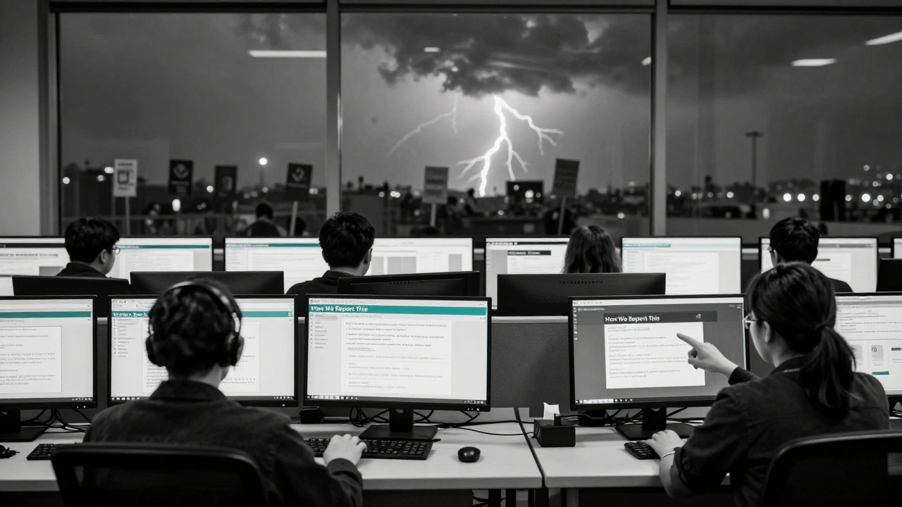 A quiet newsroom at dawn where reporters verify data, with a 'How We Reported This' box visible on a monitor as a storm rages outside.