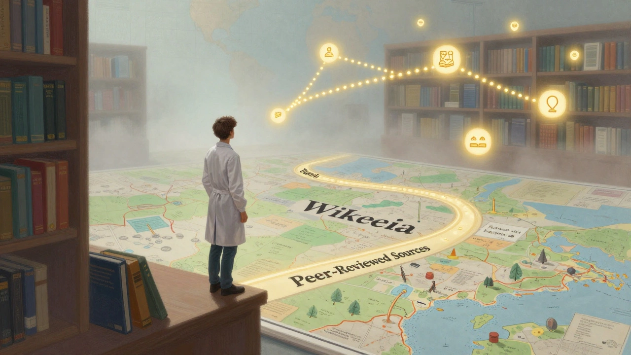 A researcher stepping from a Wikipedia map onto a path of academic sources, with glowing books and citations ahead.