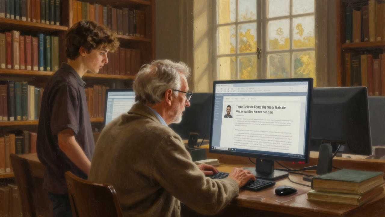 A retired journalist and young fan studying Wikipedia sports edits in a library lit by golden afternoon light.