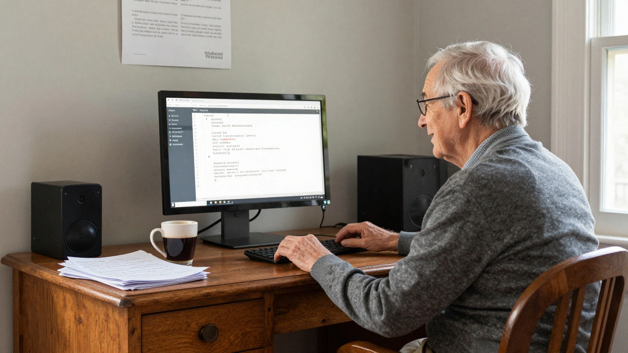 A retired librarian in a home office monitoring his Wikipedia bot, with a printed Wikipedia logo on the wall.