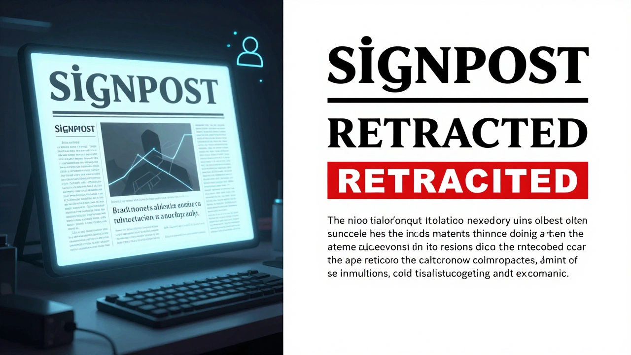 A retracted Signpost article is replaced by a clean retraction notice, with flickering anonymous source icons in the background.