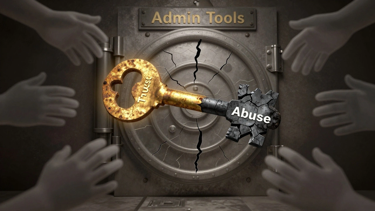 A rusting key above a cracked vault labeled 'Admin Tools', with 'Trust' glowing on one side and 'Abuse' on the other.