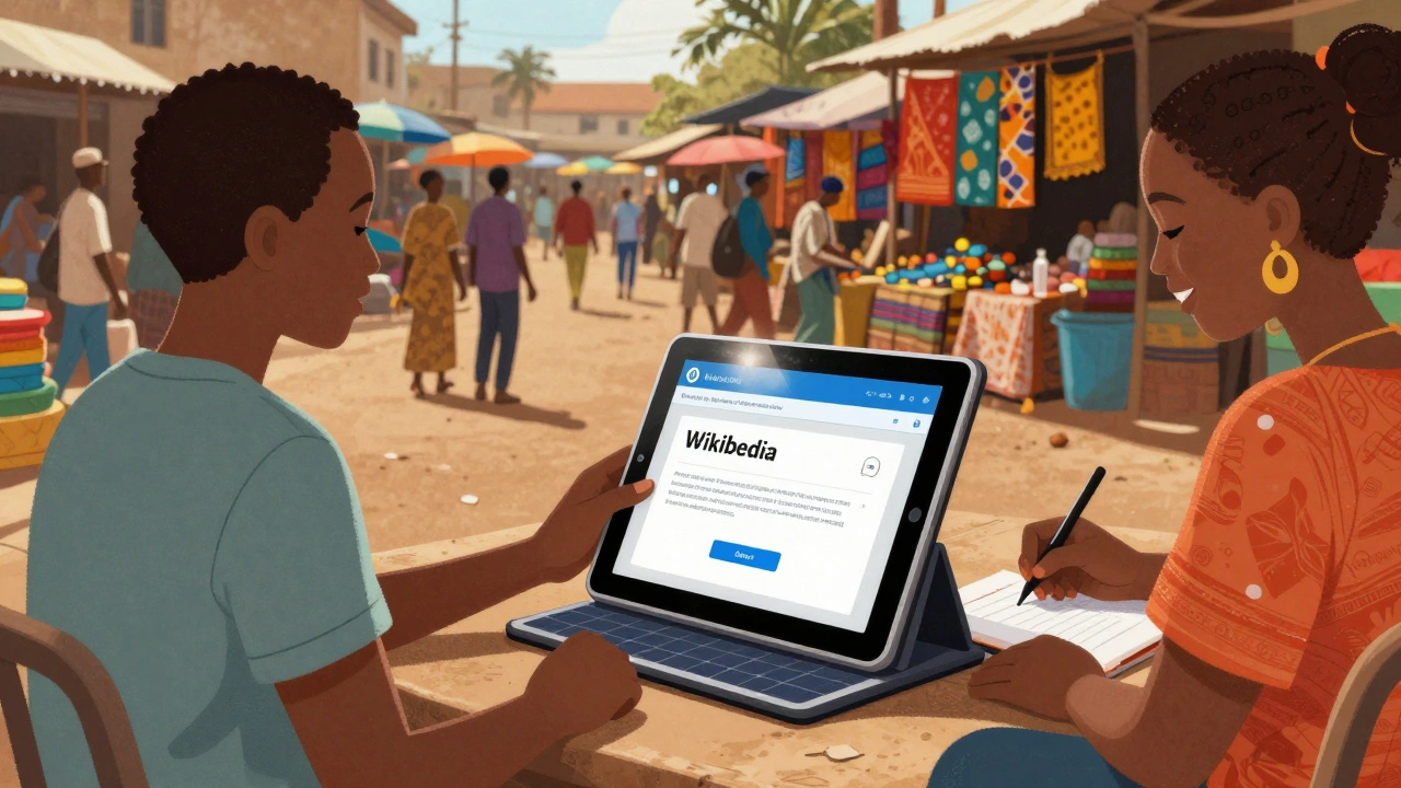 A solar-powered tablet station in Nairobi's market where people learn to create their first Wikipedia account.