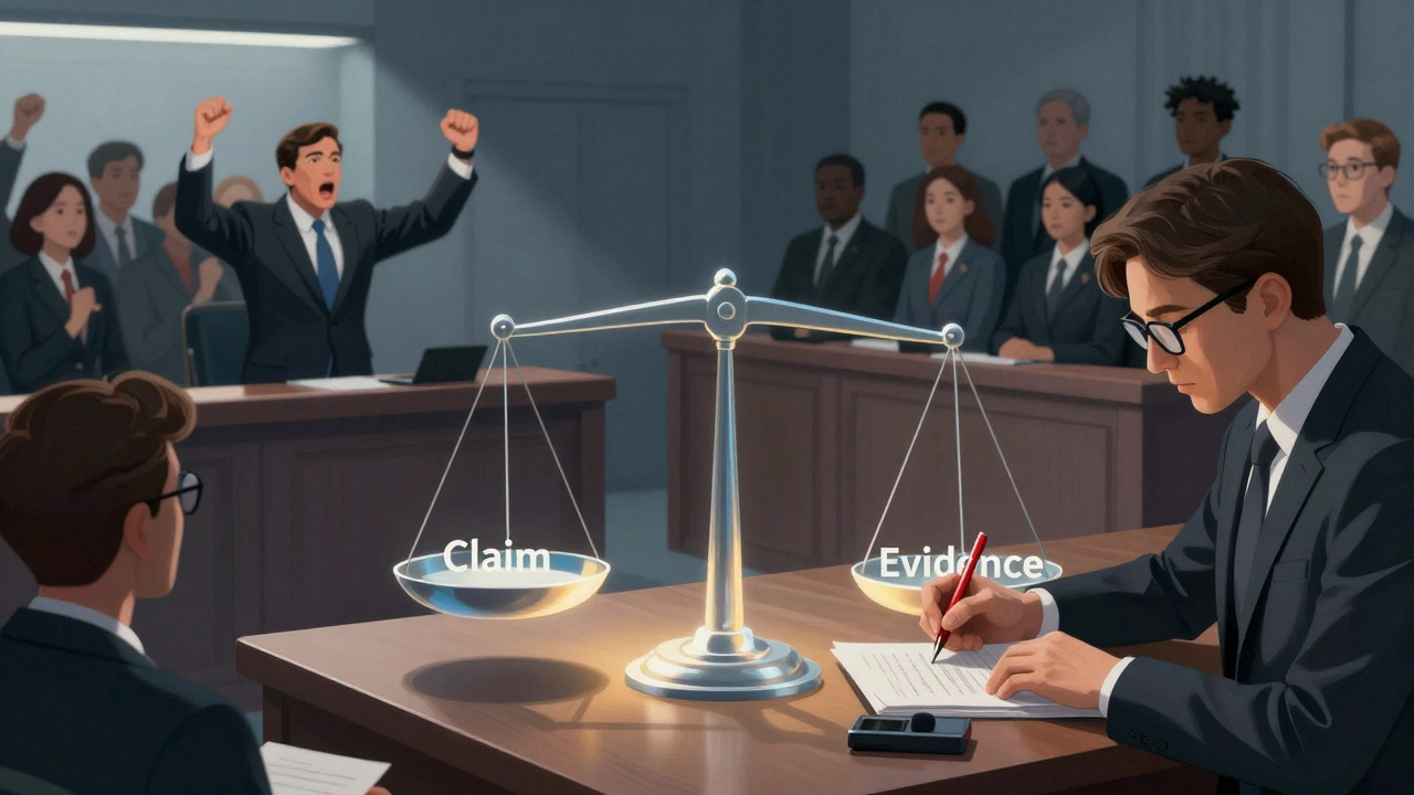 A split courtroom scene showing a politician speaking on one side and a fact-checker verifying evidence on the other, with a balanced scale in the center.