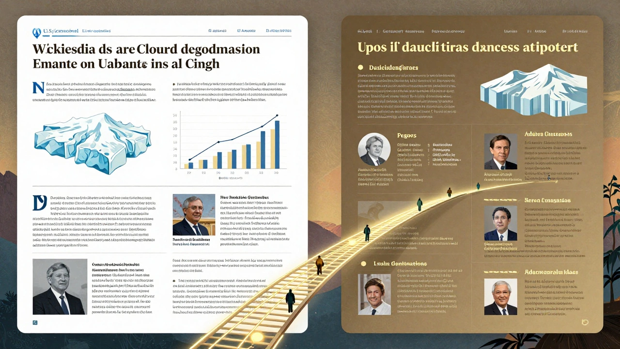 A split-screen comparison of an English Wikipedia article and its culturally adapted Spanish version with local data.