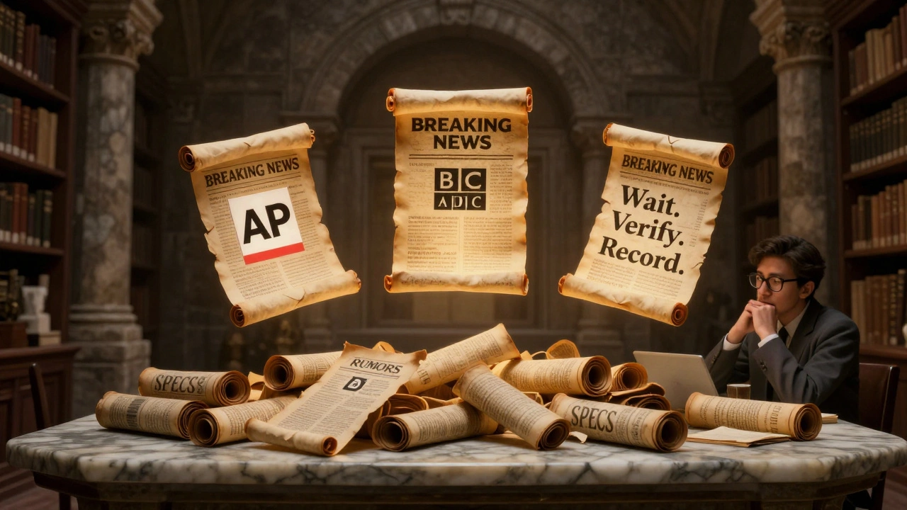 A stone library with only three verified news sources glowing among discarded rumors under starlight.