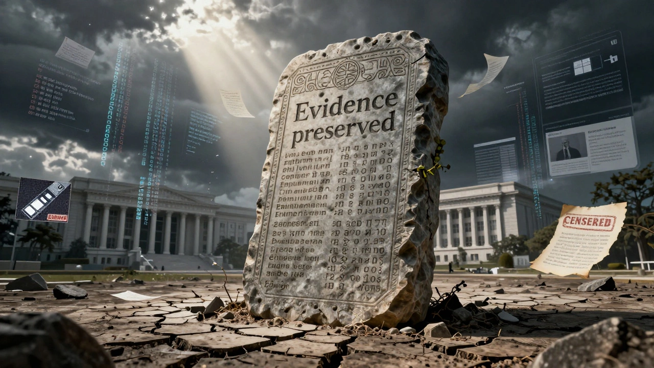 A stone tablet of war crime evidence illuminated by sunlight, with digital archives rising around it.