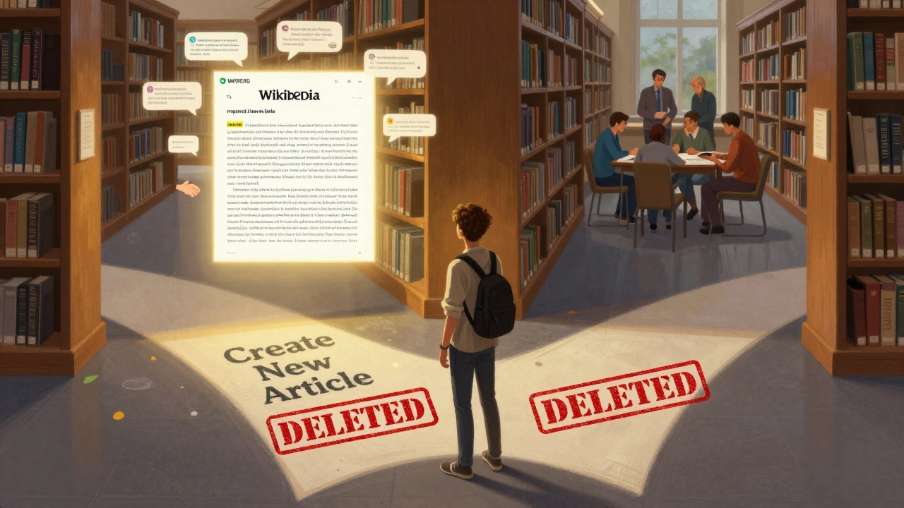 A student choosing to improve existing Wikipedia articles over creating new ones, guided by community collaboration.