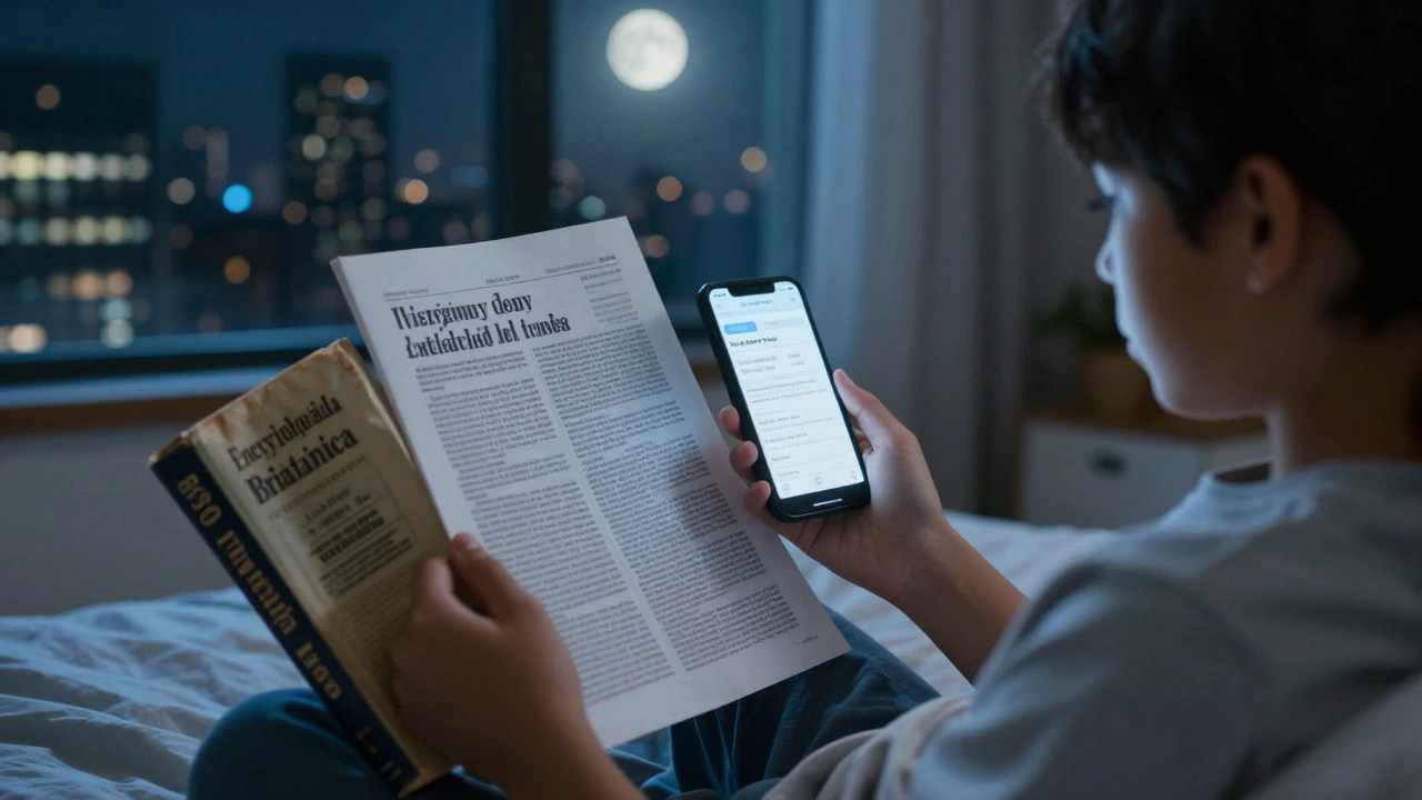 A student comparing a printed encyclopedia with a Wikipedia article on their smartphone under moonlight.