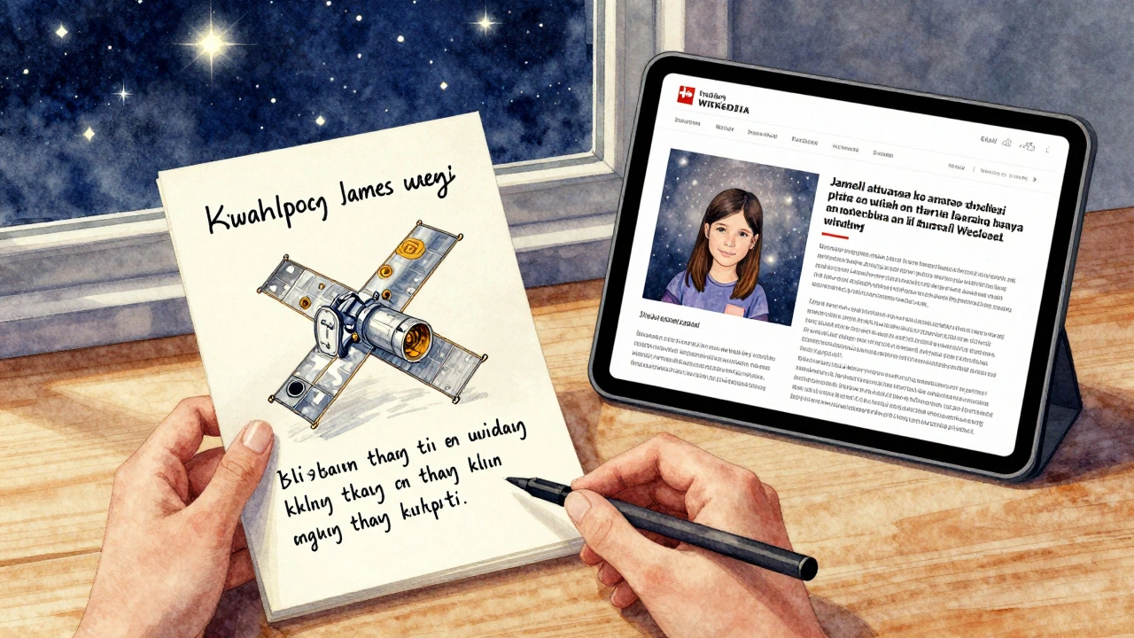 A Swahili-language Wikipedia article on astronomy beside a child's drawing of the James Webb Telescope.