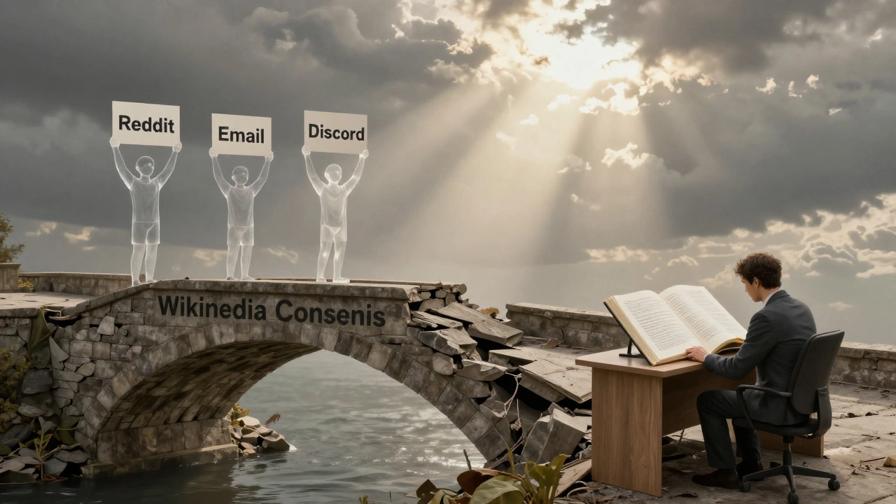 A symbolic bridge representing Wikipedia consensus, with external platforms pulling it apart while honest editors uphold it.