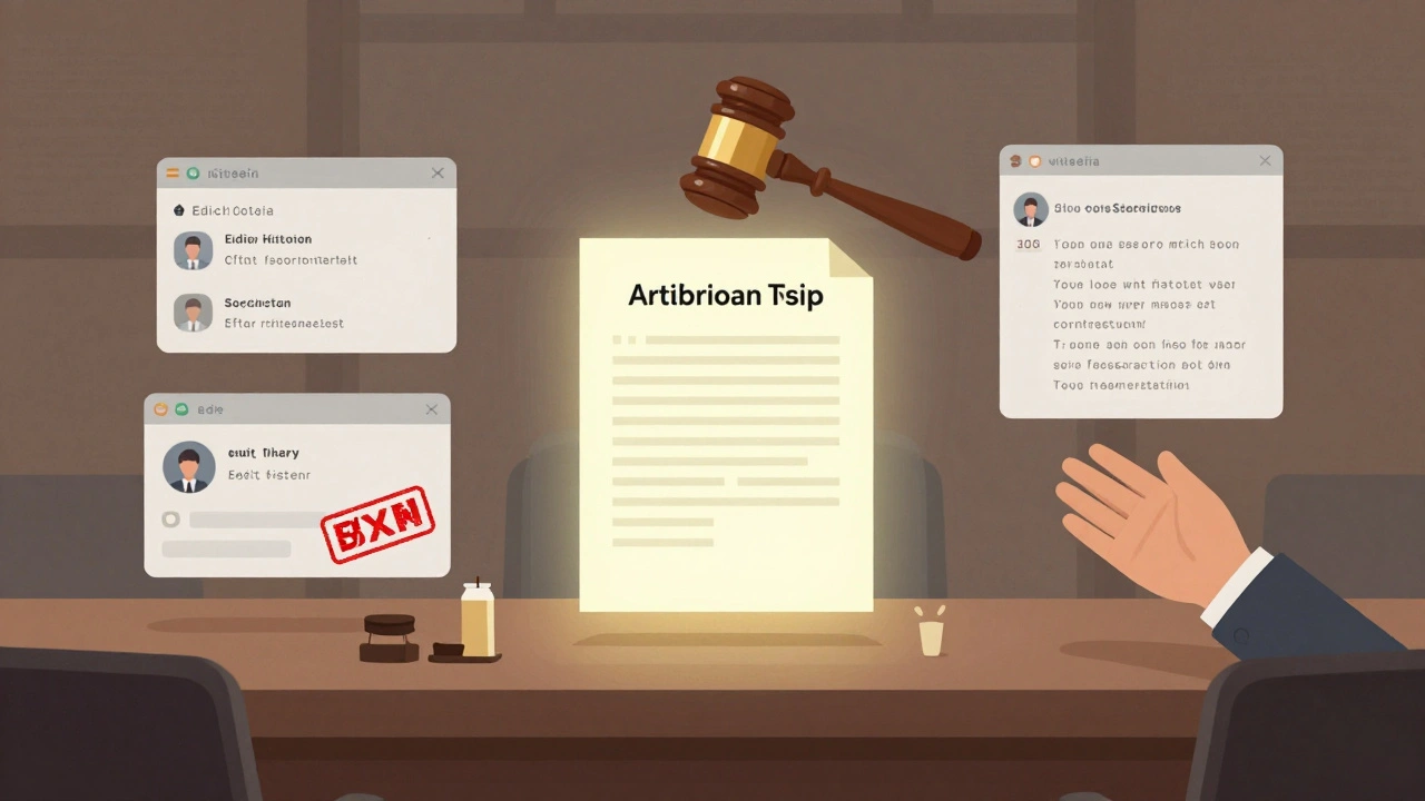 A symbolic courtroom inside Wikipedia's interface with floating edit histories and a pencil gavel above a ruling document.
