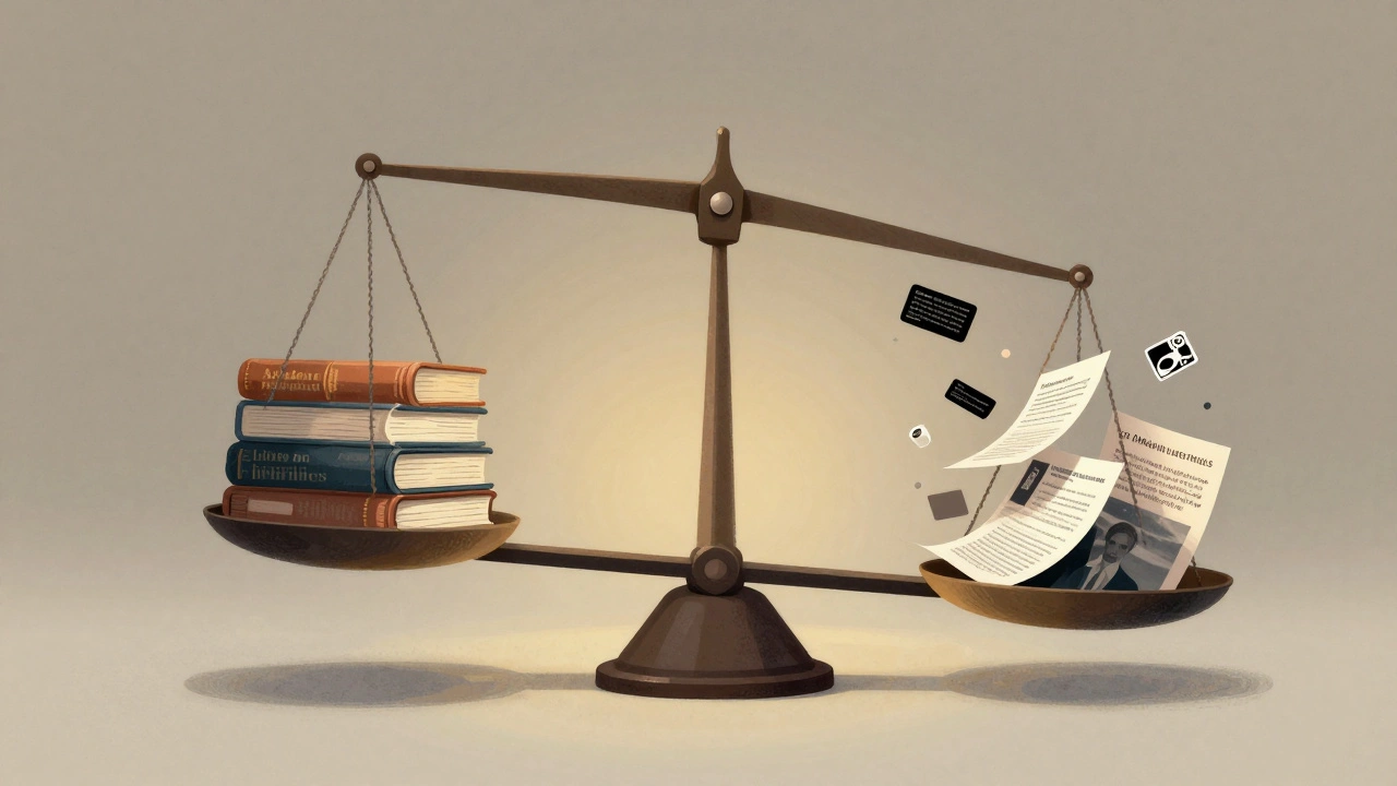 A symbolic scale balancing reliable sources against unverified claims in timeline building.