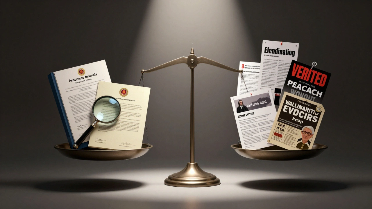 A symbolic scale balancing verified academic sources against chaotic unverified claims under a single beam of light.