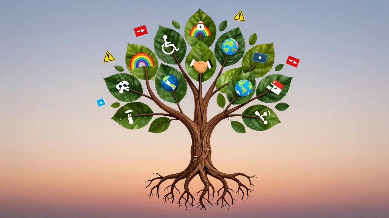 A symbolic tree with handshake roots and diverse leaves, surrounded by icons of accountability and kindness.