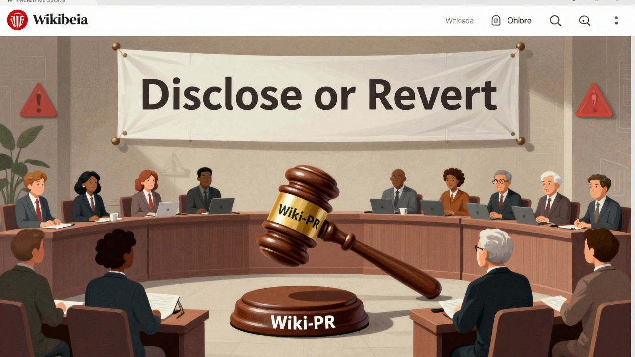 A symbolic Wikipedia courtroom where volunteer editors uphold transparency, gaveling down a hidden paid editing operation.