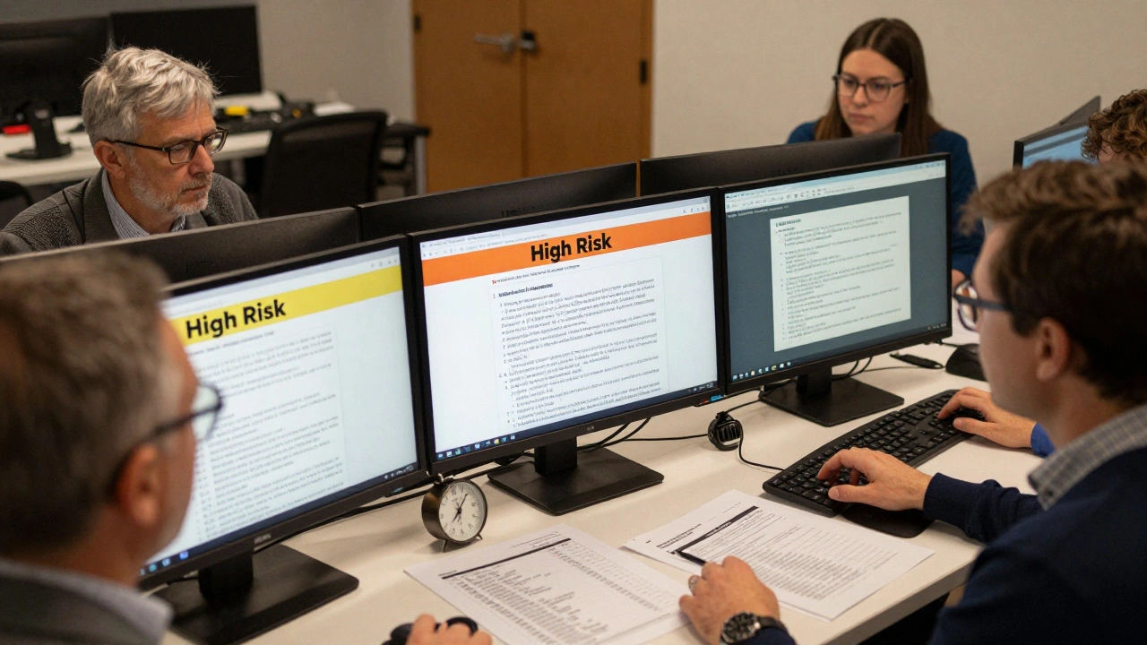 A team of experienced editors reviewing a breaking news article on monitors, with checklists and a clock showing 48 hours since the event.