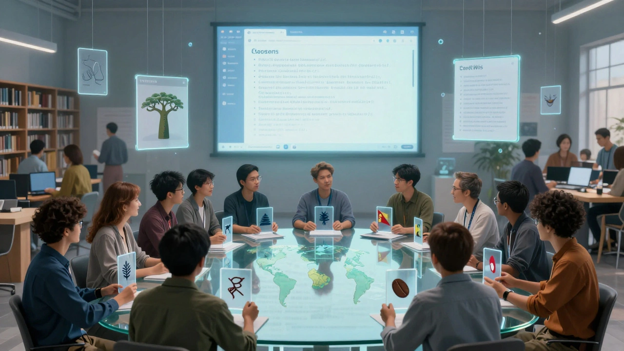 A transparent table with global volunteers holding cultural symbols, surrounded by glowing public decision logs.